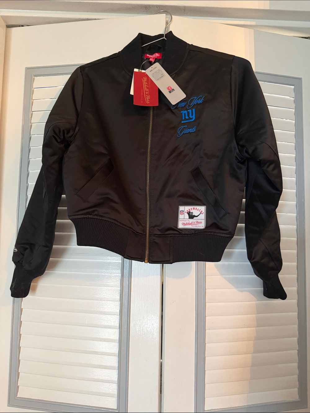 NWT Mitchell & Ness Crop Black Satin Jacket with Blue Embroidered Logo